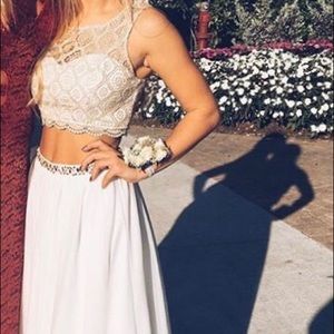 2 piece white and gold prom dress